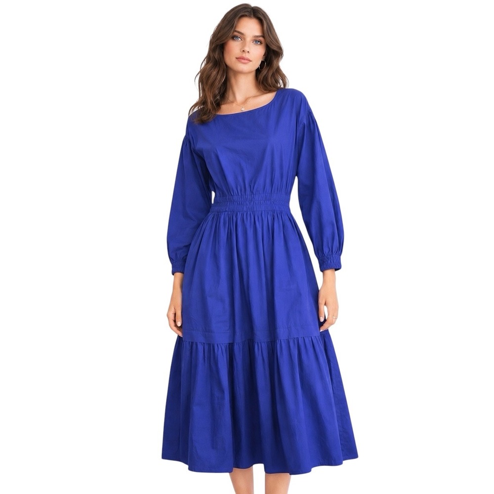 Apiece Apart Organic Cotton Estrella Smocked Tiered Midi Dress in Ultramarine XS
